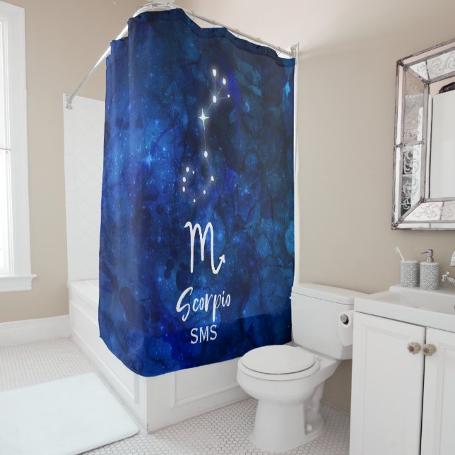 Scorpio Zodiac Constellation Blue Galaxy Monogram Shower Curtain (In Situ)