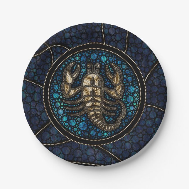 Scorpio Zodiac Dot Art Style Abalone Gold Paper Plate (Front)
