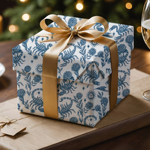 Scorpio Zodiac Intricate Celestial Blue Floral Wrapping Paper