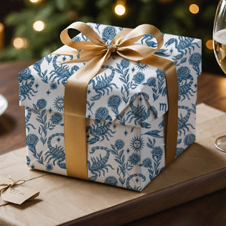 Scorpio Zodiac Intricate Celestial Blue Floral Wrapping Paper