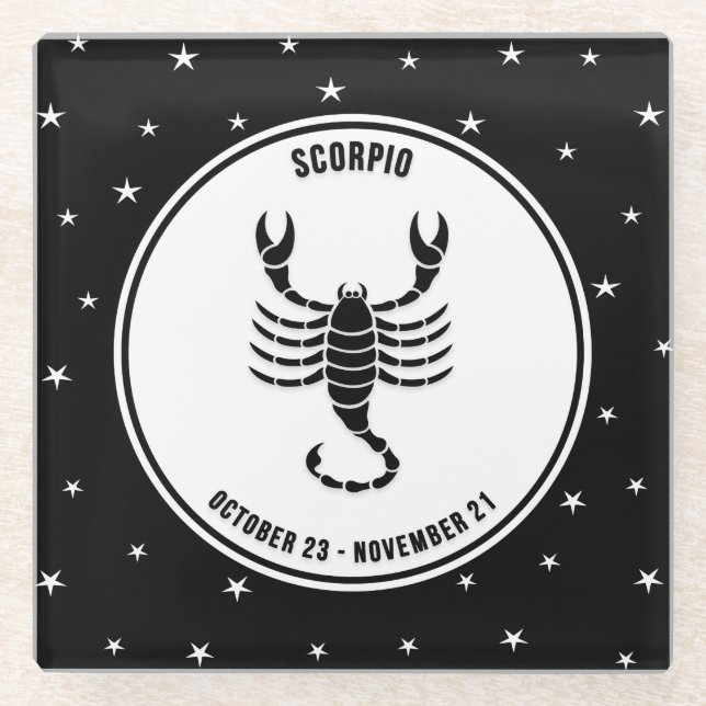 Scorpio Zodiac Sign, Black & White Glass Coaster (Front)