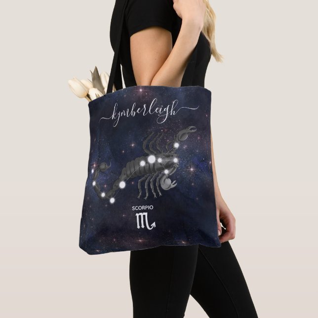 Scorpio Zodiac Sign Cosmic Monogram Name Navy Tote Bag (Close Up)
