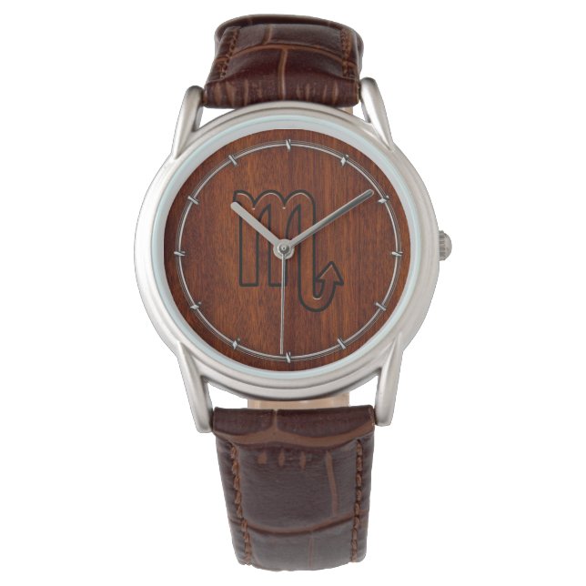 Scorpio Zodiac Sign in Mahogany Style Decor Watch (Front)