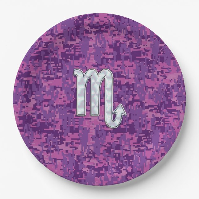 Scorpio Zodiac Sign on Fuchsia Digital Camo Paper Plate (Front)