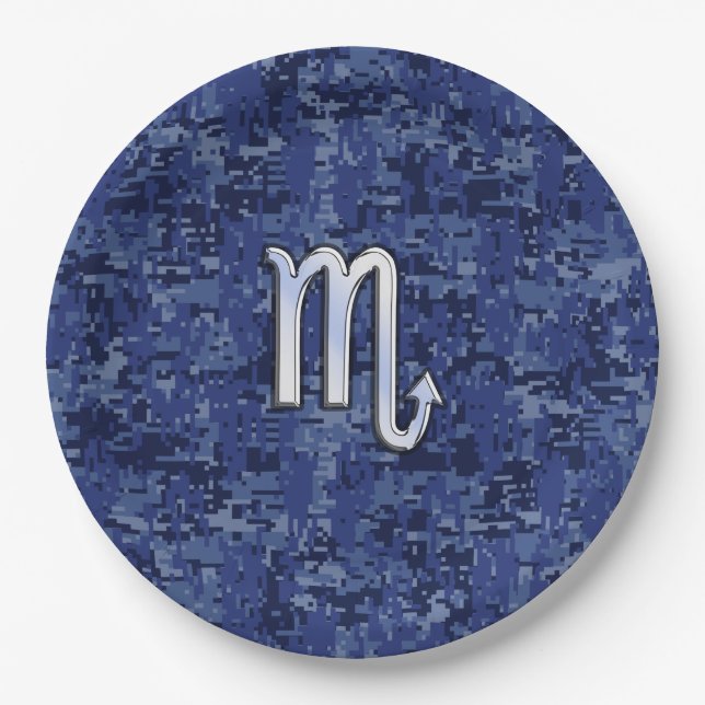 Scorpio Zodiac Sign on Navy Blue Camo Paper Plate (Front)