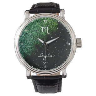 Scorpio Zodiac Sign Teal Green Glitter Stars Name Watch