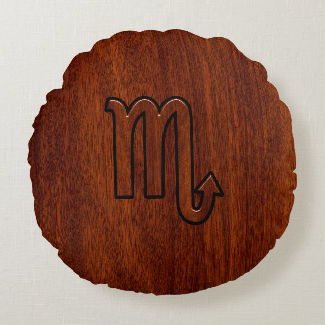 Scorpio Zodiac Symbol in Mahogany Style Round Cushion (Front)