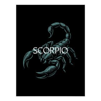 Scorpio Zodiac – Vintage Scorpion in Teal on Black Poster