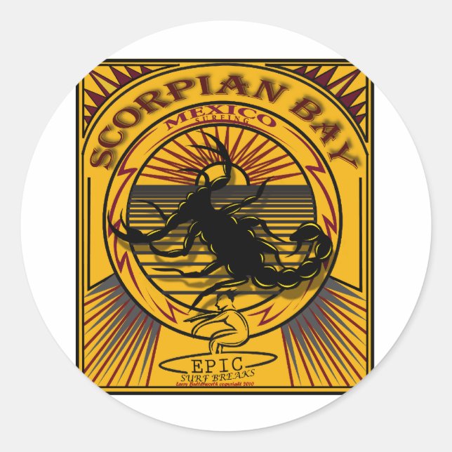 SCORPION BAY BAJA MEXICO SURFING CLASSIC ROUND STICKER (Front)