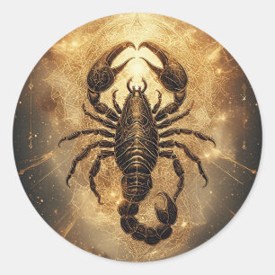 Scorpion Over a Detailed Golden Astral Mandala Classic Round Sticker