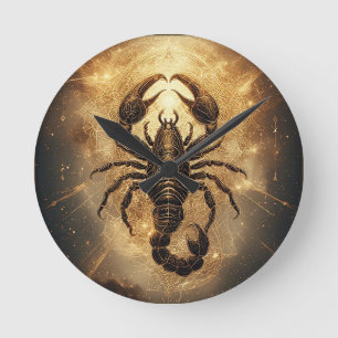 Scorpion Over a Detailed Golden Astral Mandala Round Clock