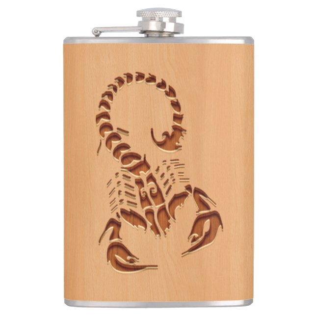 Scorpion silhouette engraved on wood design hip flask (Front)