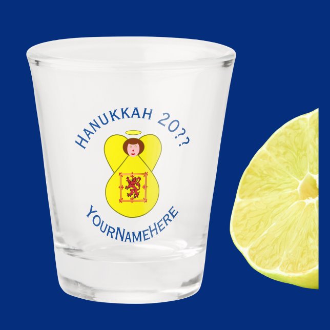 Scot Lion Rampant Angel Hanukkah Flag Personalised Shot Glass (Shot glass has angel wearing Scotland Lion Rampant Flag for Hanukkah. Text for name, year, holiday.)