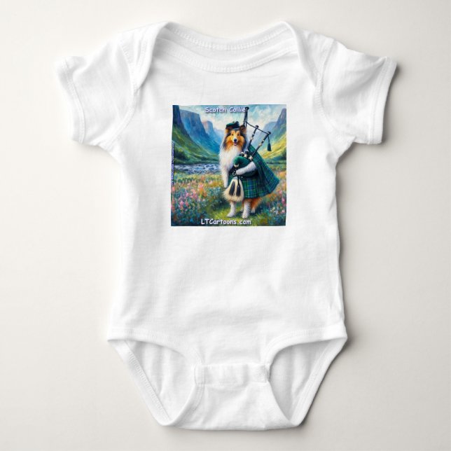 Scotch Collie Serenade – Bagpipes & Tartan Whimsy Baby Bodysuit (Front)