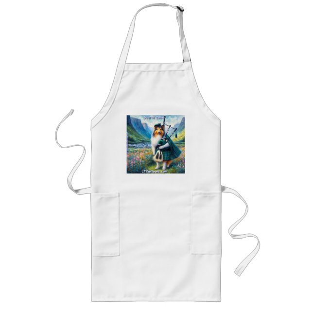 Scotch Collie Serenade – Bagpipes & Tartan Whimsy Long Apron (Front)