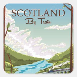 Scotland By train locomotive Travel poster Square Sticker