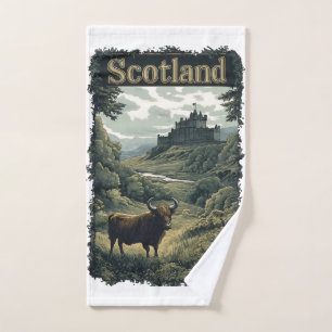 Scotland Design: Highland Cow, Castle, and Scenery Hand Towel