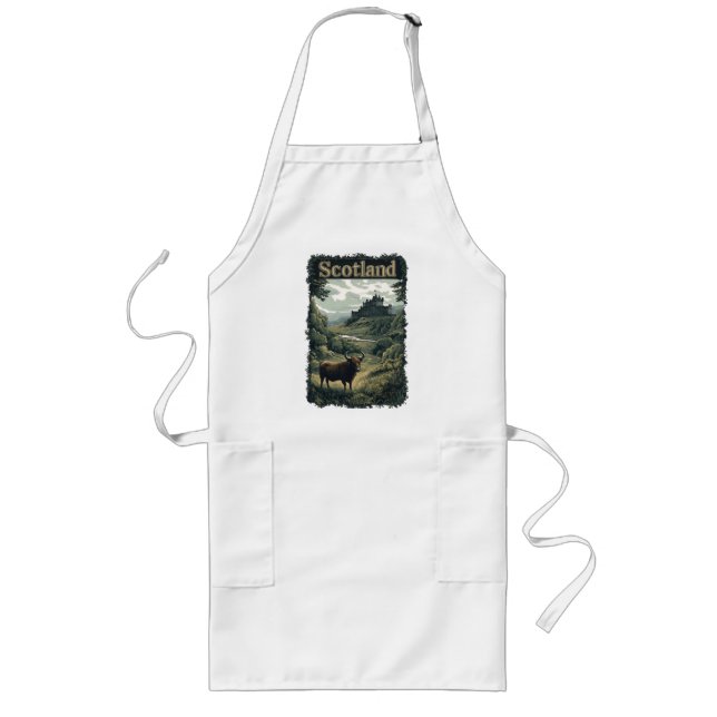 Scotland Design: Highland Cow, Castle, and Scenery Long Apron (Front)