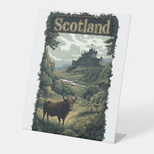 Scotland Design: Highland Cow, Castle, and Scenery Pedestal Sign