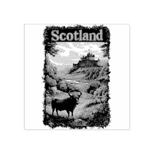 Scotland Design: Highland Cow, Castle, and Scenery Rubber Stamp