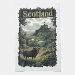 Scotland Design: Highland Cow, Castle, and Scenery Tea Towel