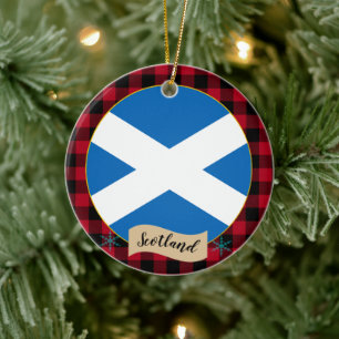 Scotland, Red buffalo plaid & Scottish Flag Ceramic Tree Decoration