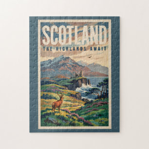 Scotland Scottish Highland Deer Illustration Retro Jigsaw Puzzle