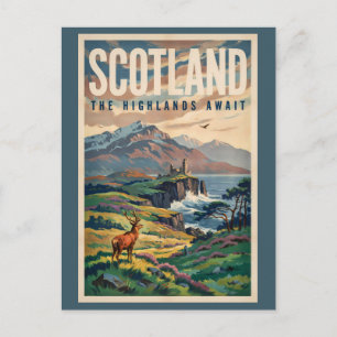 Scotland Scottish Highland Deer Illustration Retro Postcard