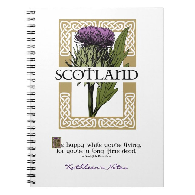 Scotland Scottish Thistle Gold Celtic Knots Name Notebook (Front)