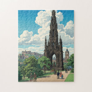 Scott Monument of Edinburgh Japanese Woodblock Pri Jigsaw Puzzle
