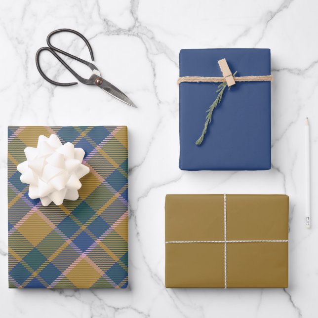 Scott Mustard Blue Modern Scottish Tartan Wrapping Paper Sheet (Front)