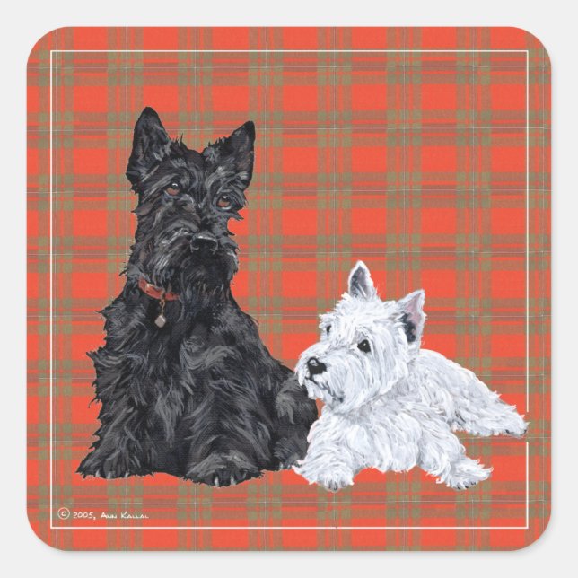Scottie Adult & Westie Puppy Square Sticker (Front)