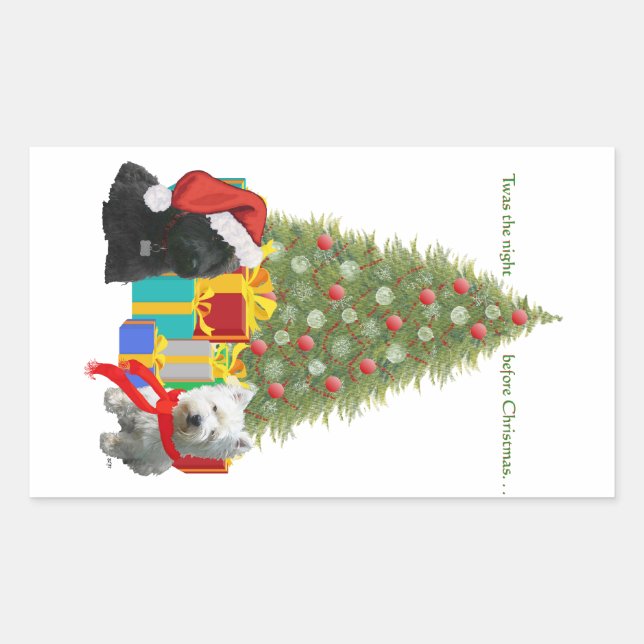 Scottie and Westie Christmas Tree Rectangular Sticker (Front)