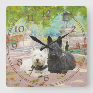 Scottie and Westie in a Garden Square Wall Clock