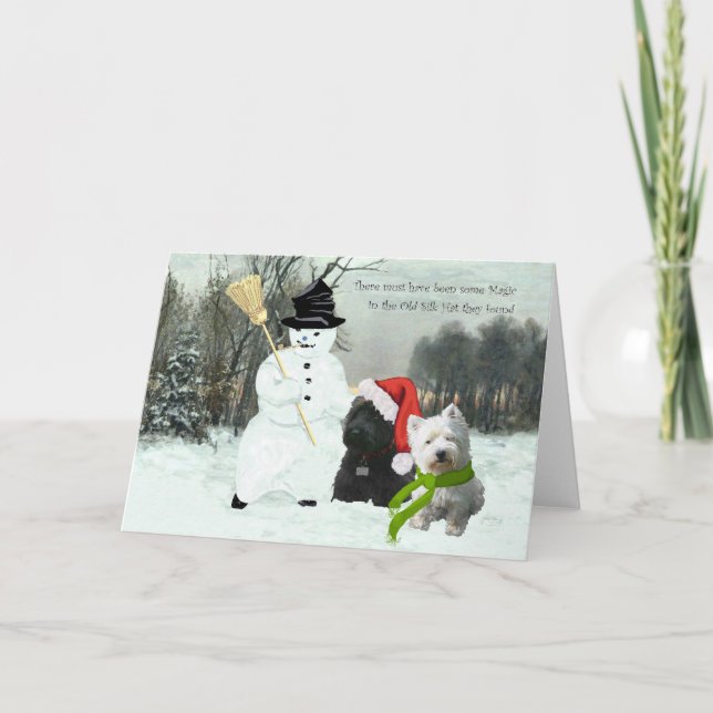 Scottie and Westie with Snowman Holiday Card (Front)
