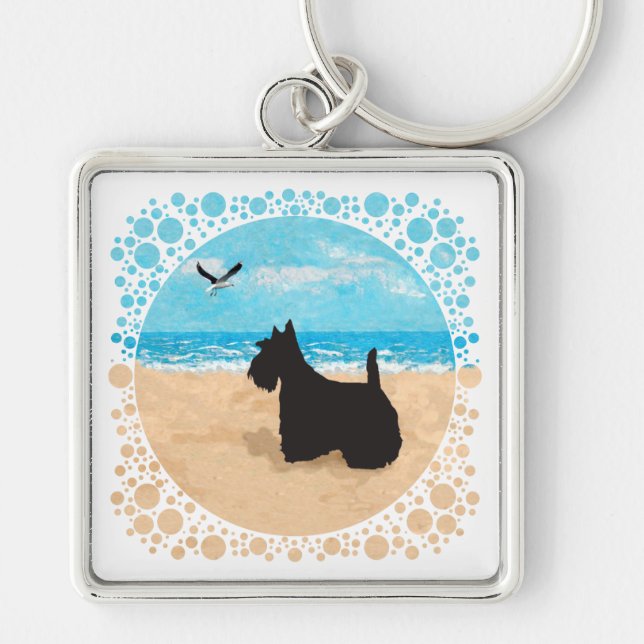 Scottie at the Beach with Seagull Key Ring (Front)