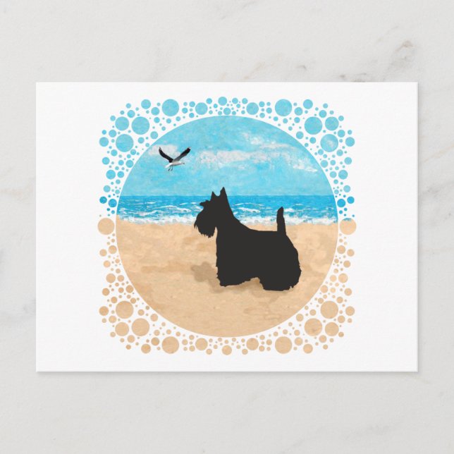 Scottie at the Beach with Seagull Postcard (Front)