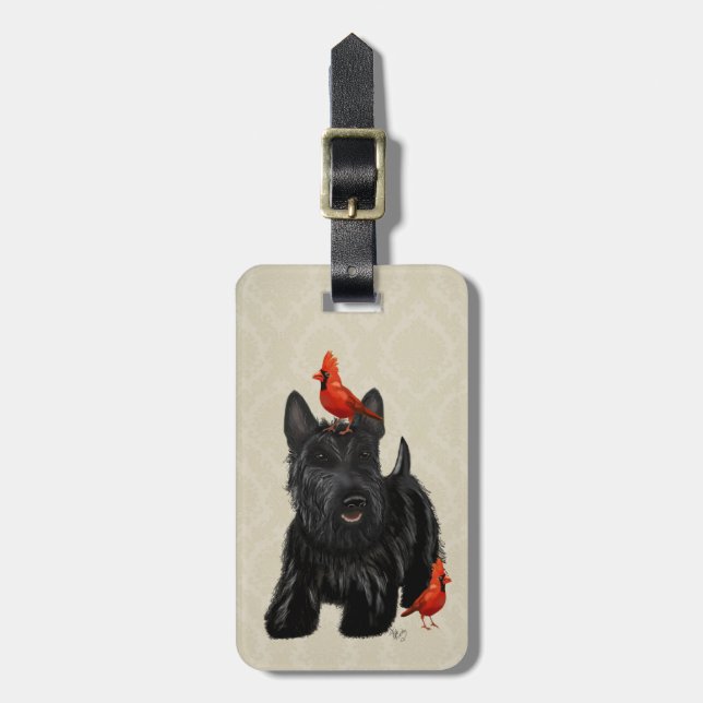 Scottie Dog and Red Birds Luggage Tag (Front Vertical)