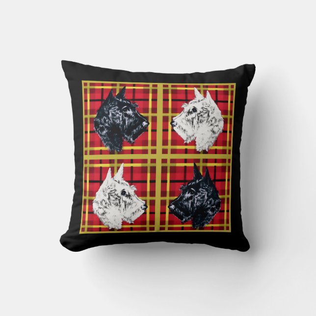 Scottie dog black and white golden plaid Scotties Cushion (Front)