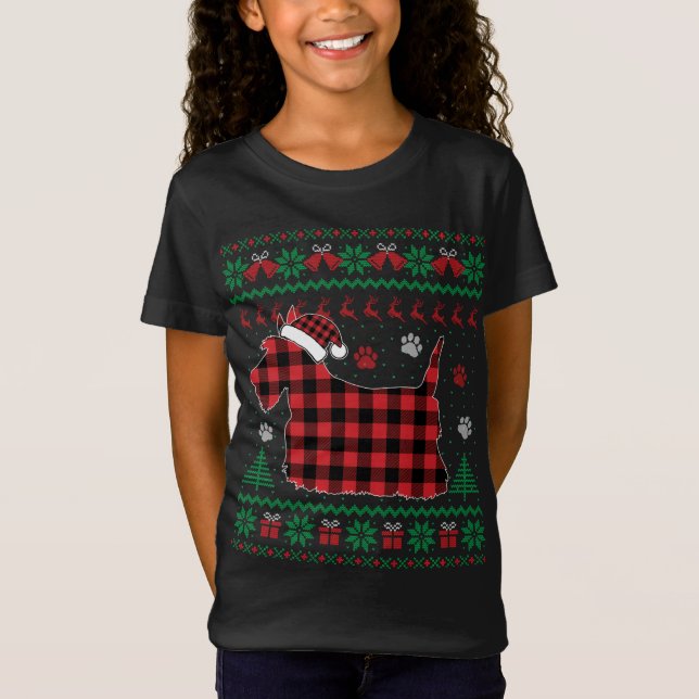 Scottie Dog Christmas Pajama Red Plaid Scottish Ug T-Shirt (Front)