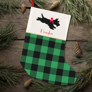 Scottie Dog Custom Name Buffalo Plaid Green Small Christmas Stocking