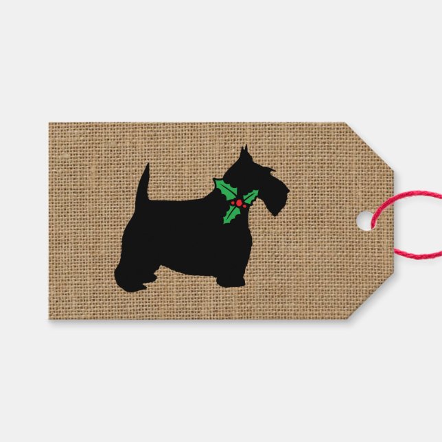 Scottie Dog Holly Burlap Gift Tags (Front (Horizontal))