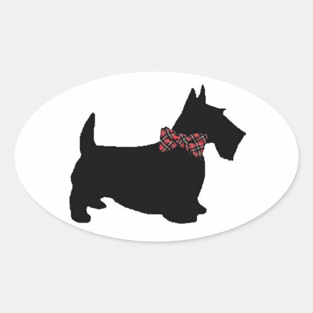 Scottie Dog in Plaid Bow Tie Oval Sticker (Front)