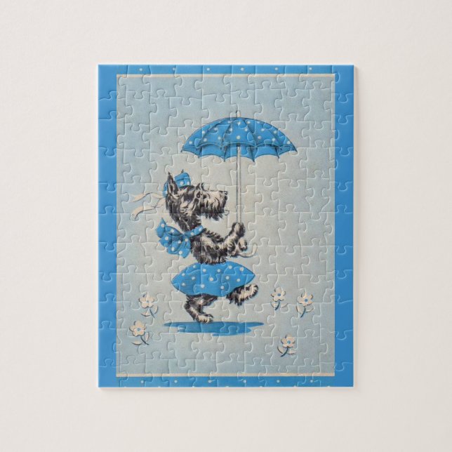 Scottie dog lady carrying umbrella jigsaw puzzle (Vertical)