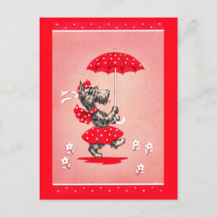 Scottie dog lady carrying umbrella postcard