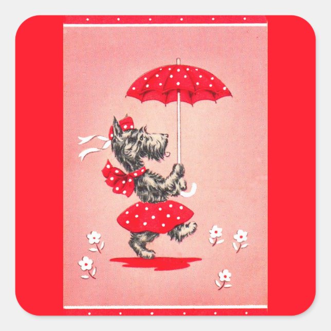 Scottie dog lady carrying umbrella square sticker (Front)