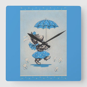 Scottie dog lady carrying umbrella square wall clock