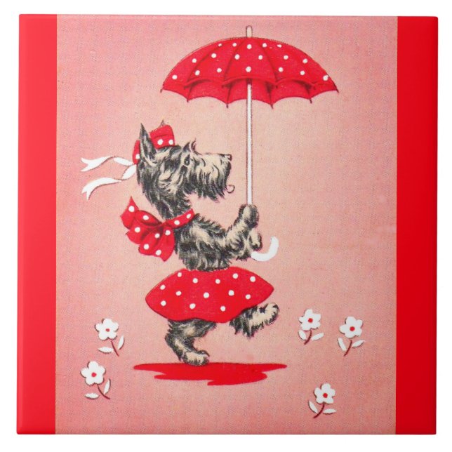 Scottie dog lady carrying umbrella tile (Front)