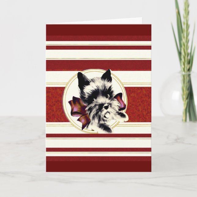 Scottie Dog  on dark red stripe Christmas card (Front)