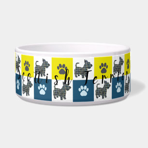 Scottie Dog & Paw Yellow & Blue Grid Dog Bowl